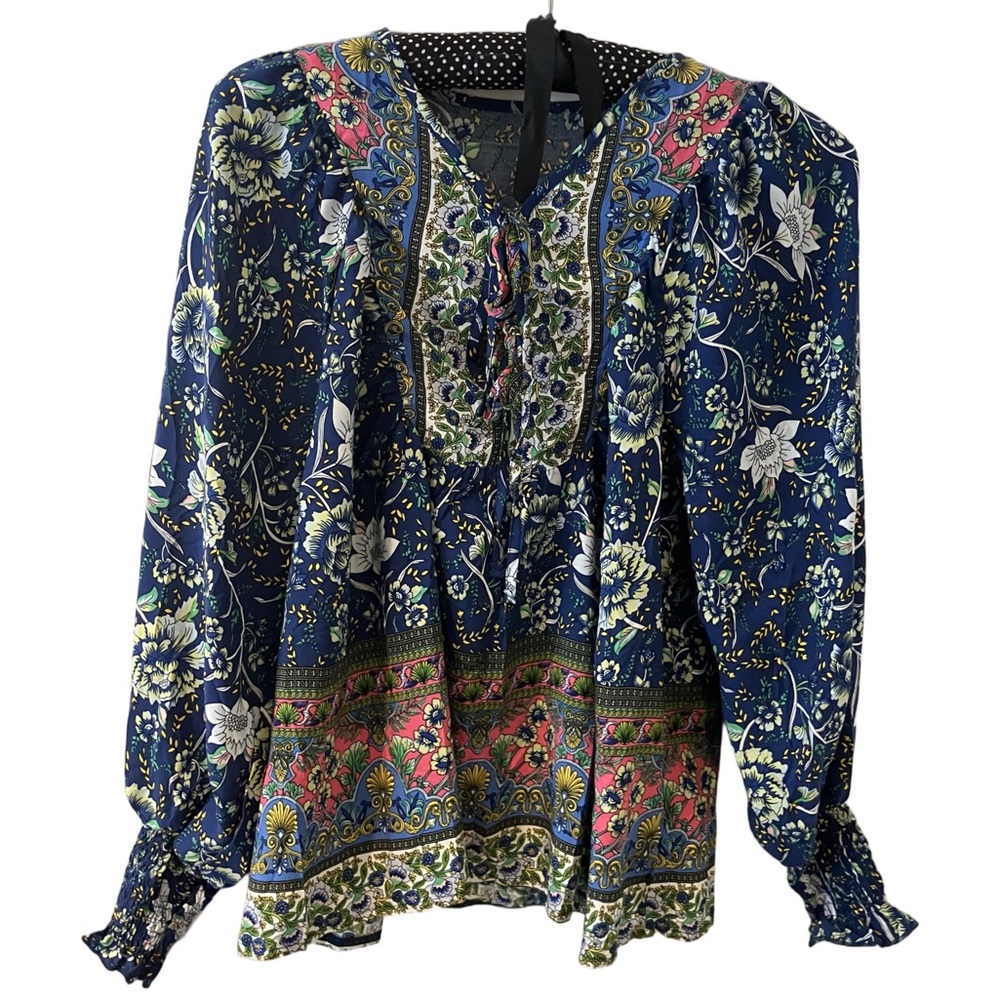 Floral Navy tie FrontPeasant Blouse